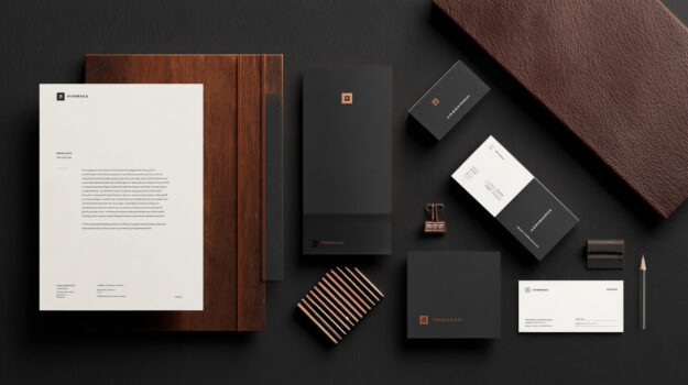 Brand design Professionele uitstraling marketing met luxe huisstijl en drukwerk in donkere kleuren en strak design
