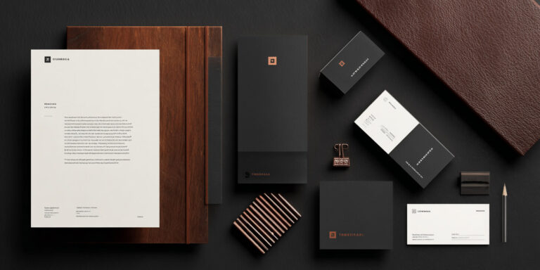 Professionele uitstraling marketing met luxe huisstijl en drukwerk in donkere kleuren en strak design