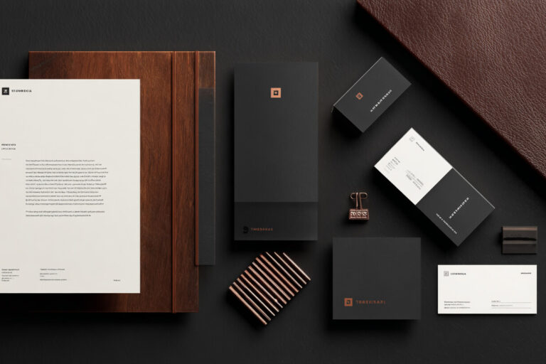 Professionele uitstraling marketing met luxe huisstijl en drukwerk in donkere kleuren en strak design