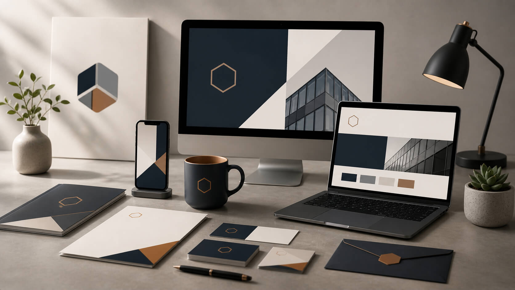 Professionele uitstraling marketing met uniforme visuele stijl op digitale en fysieke merkuitingen