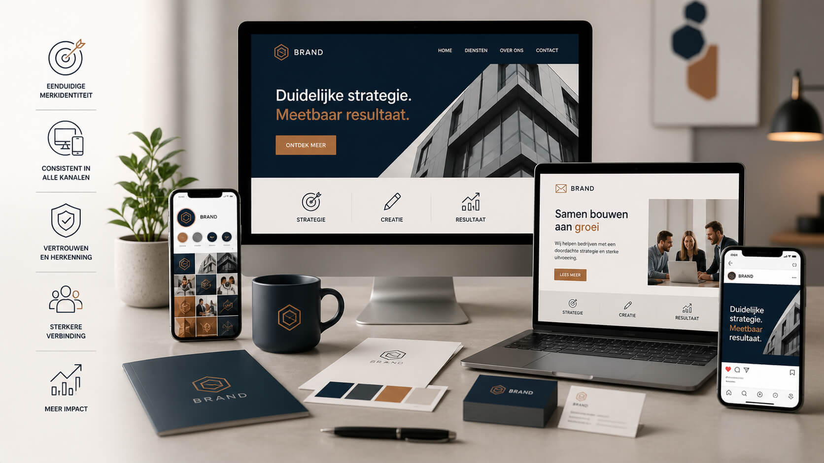 Professionele uitstraling marketing zichtbaar in consistente branding op website, laptop en smartphone
