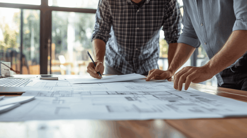 Architect en klant bekijken bouwtekeningen