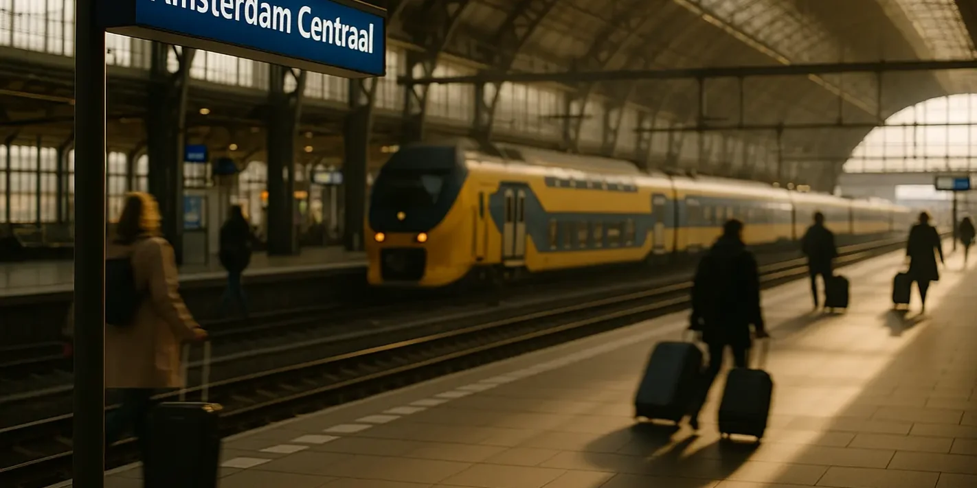Amsterdam Centraal Station, reizigers met baggage, vervoer regelen naar Schiphol