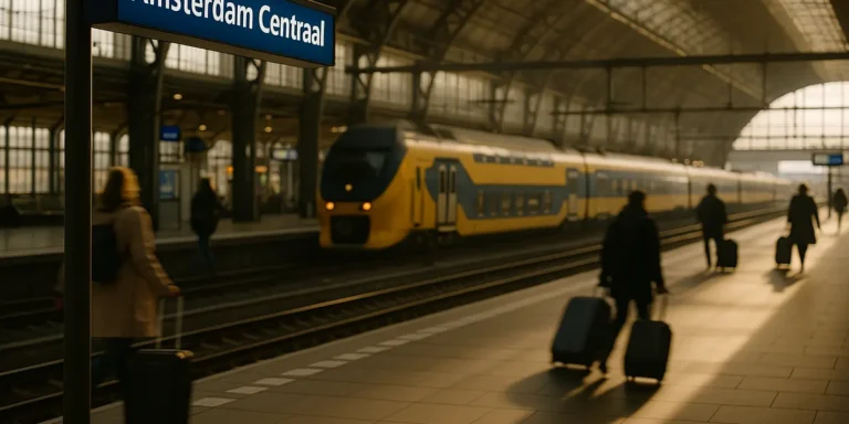 Amsterdam Centraal Station, reizigers met baggage, vervoer regelen naar Schiphol