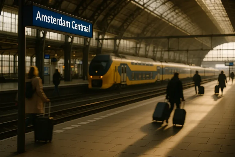 Amsterdam Centraal Station, reizigers met baggage, vervoer regelen naar Schiphol